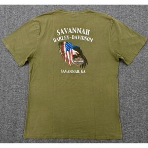 Harley Davidson Shirt Mens XXL‎ Faded Green Savannah GA Eagle USA Flag HD Sheild